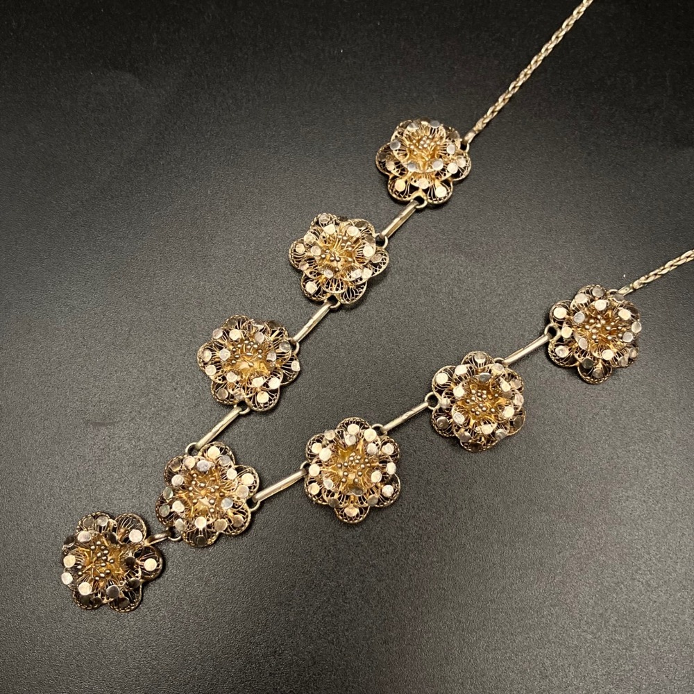 Vintage Flower Filigree Necklace Sterling Silver Floral Drop Antique 16 Inch - Picture 10 of 16
